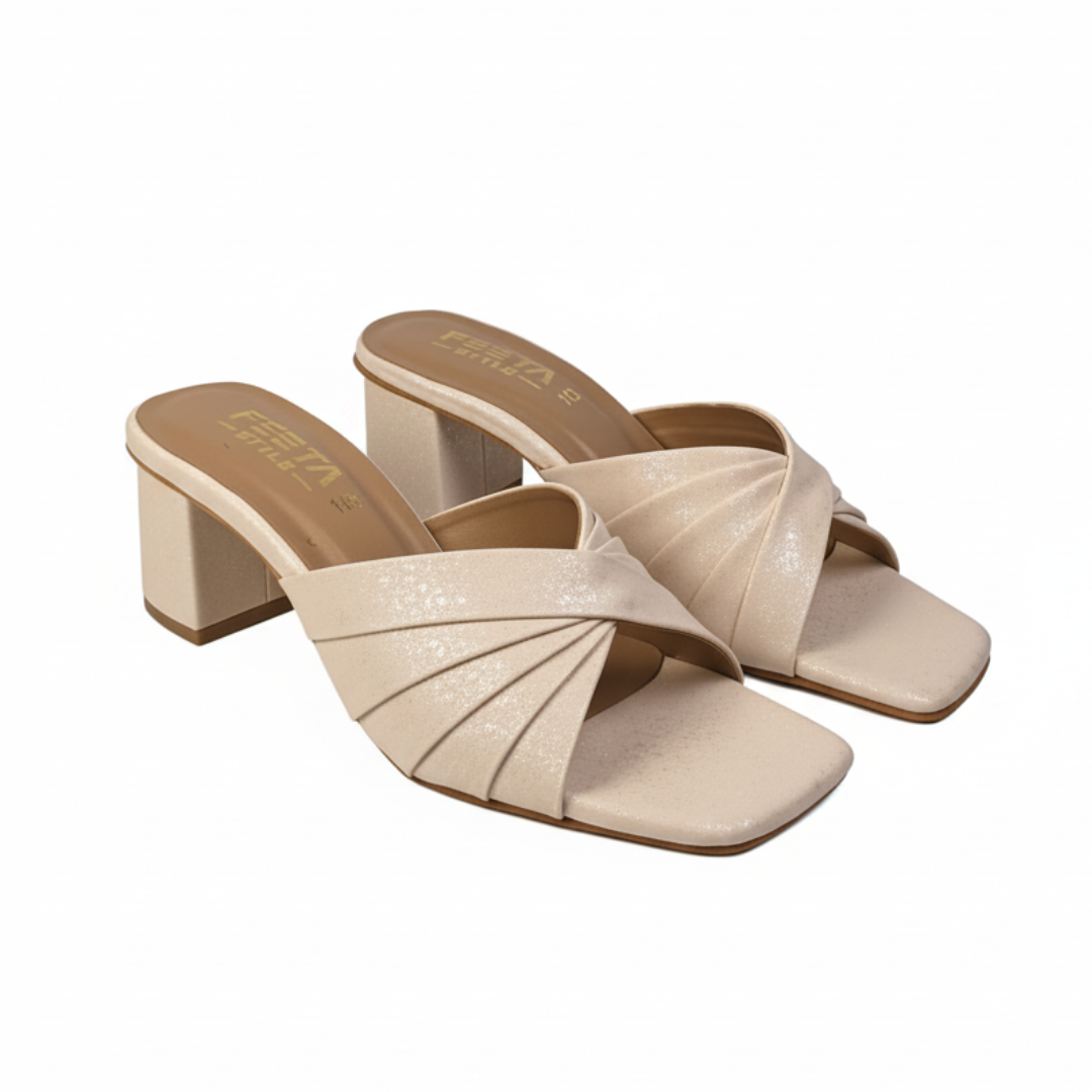 Beige Shimmer Mule Heels - 413-7