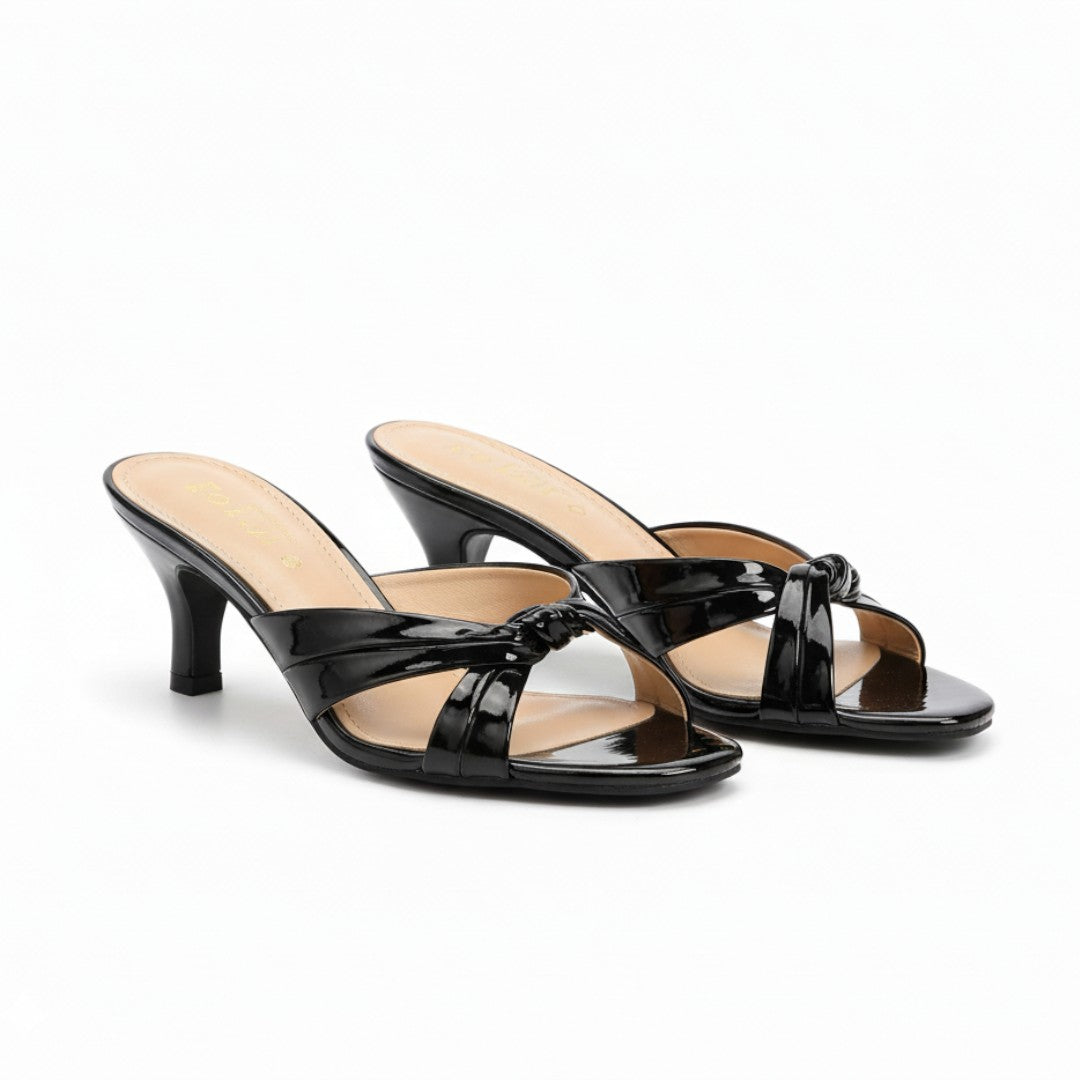 Black Gloss Knot Slip On Heels 406-7