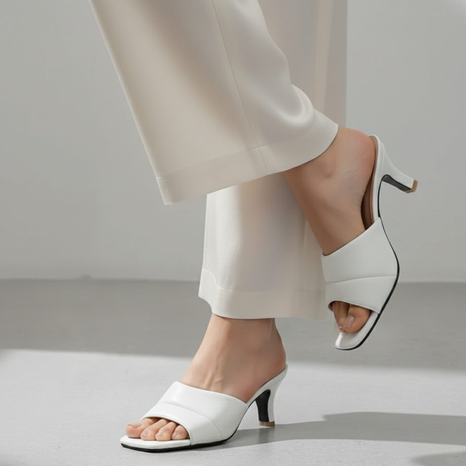 White Open Kitten Heel Slippers 448-7