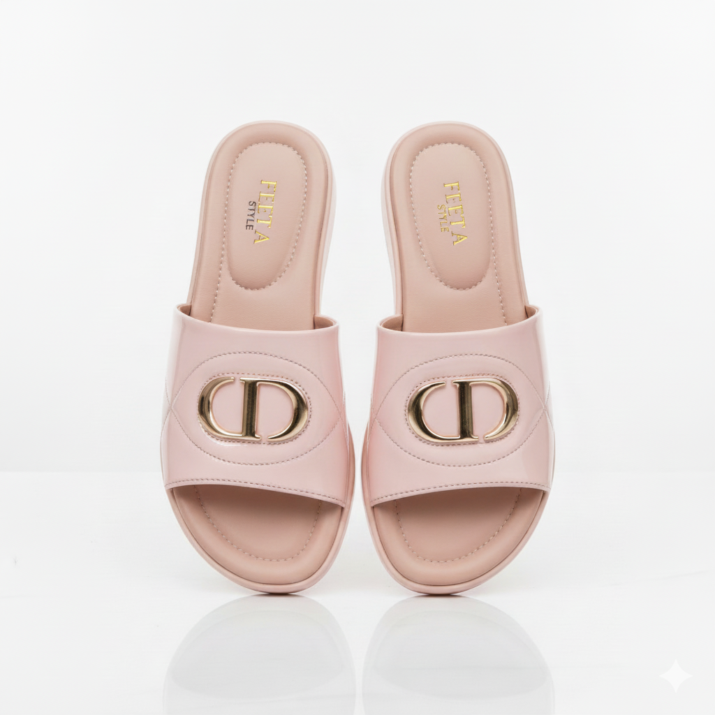 Blush Pink Patent Comfy Slides Elegant Gold Buckle Design