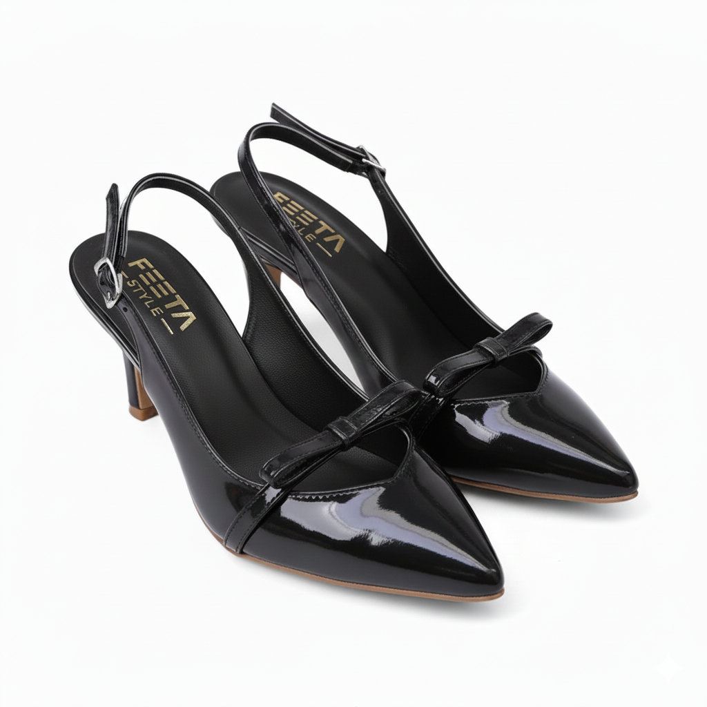 Black Bow Pointed Closed Toe Slingback Heel 832-7