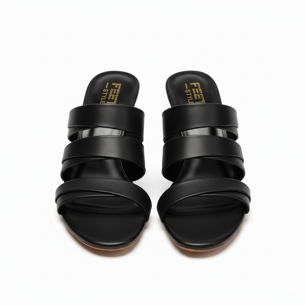 Black Triple Strap Luxe Mule Heels 479-7