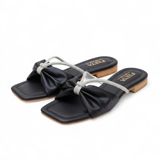 Embellished Bow Slides Black - 319-7