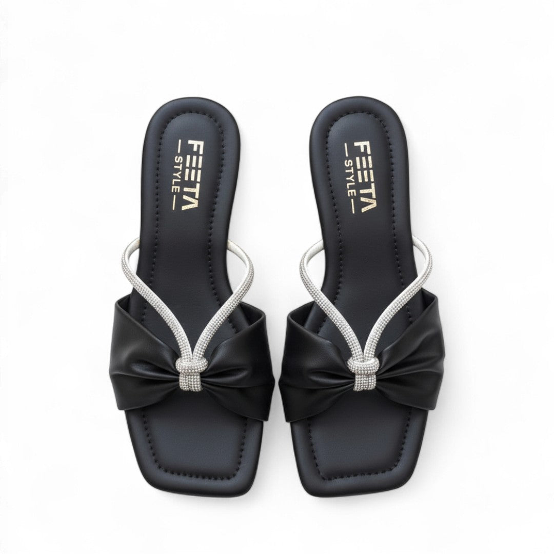 Embellished Bow Slides Black - 319-7