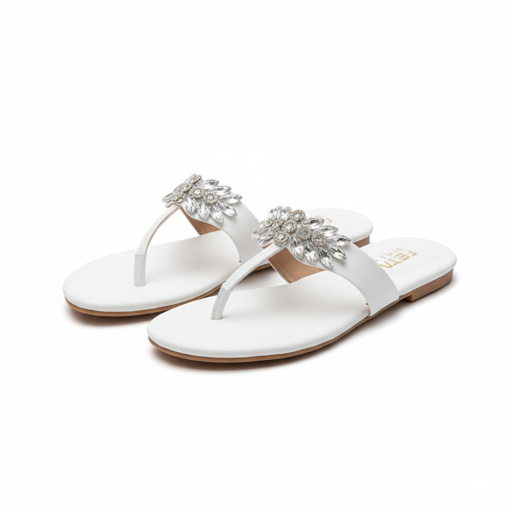 White Radiant Leaf Flat Slippers