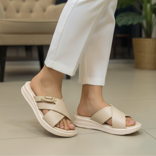 Serene Cross-Step Slides - Soft Beige
