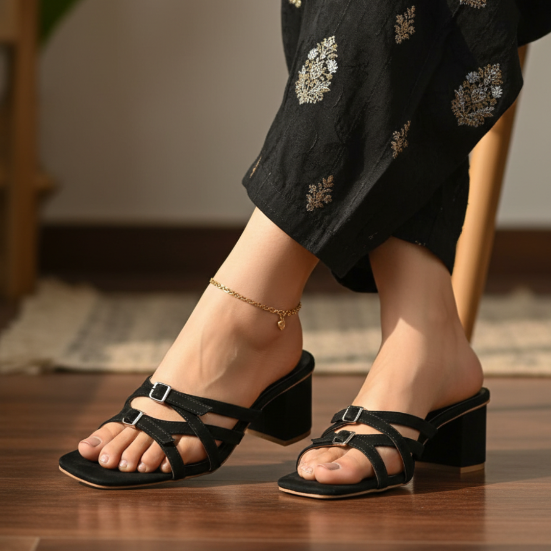 Emerald Buckle Heels - Black – 420-7