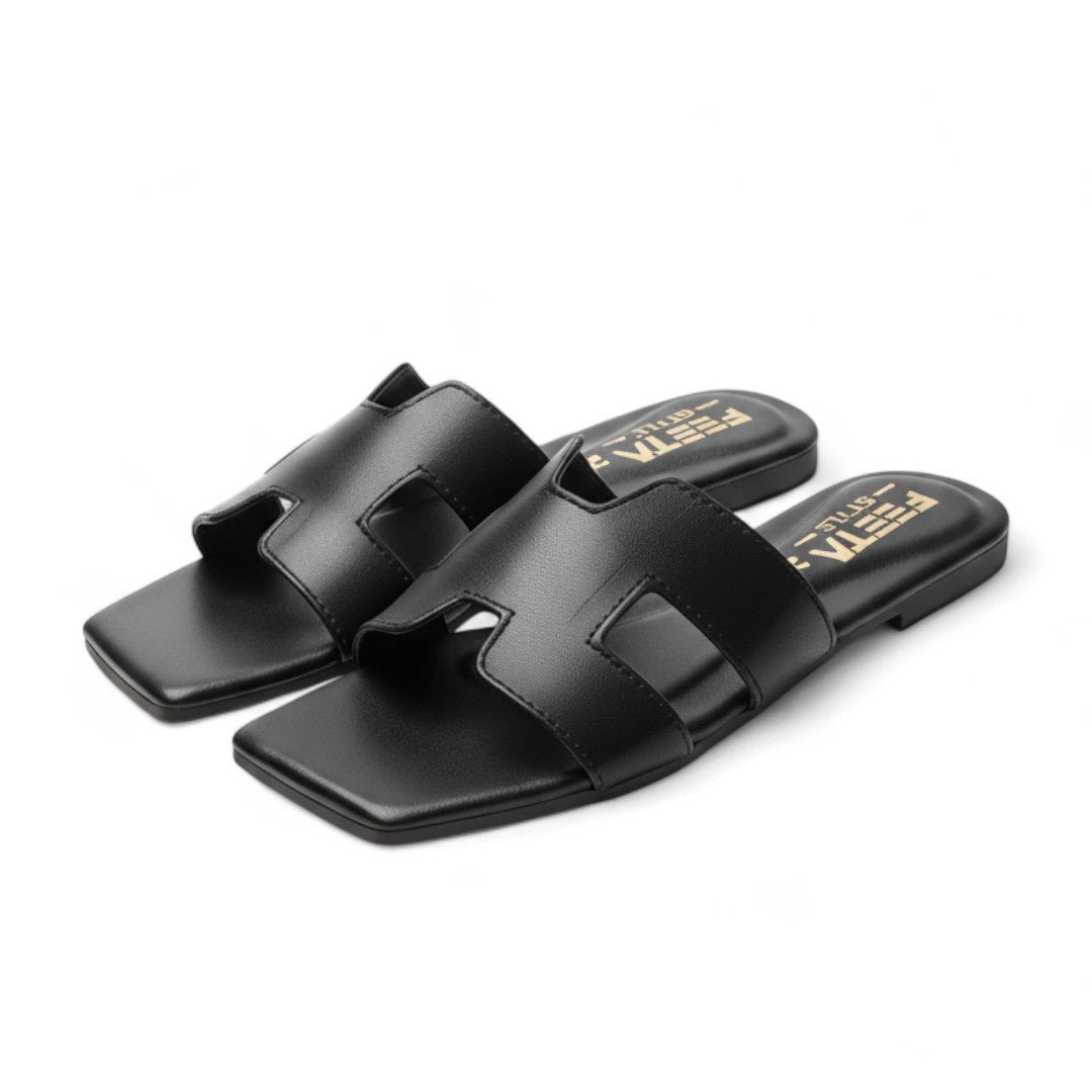 H Style Flat Slippers - Black 338-7