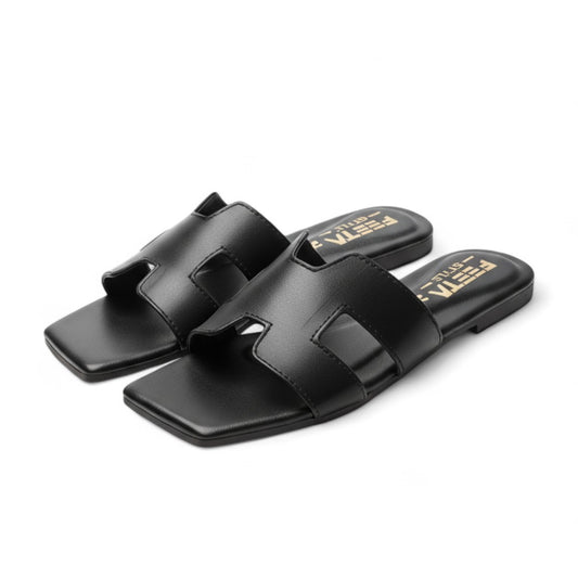 H Style Flat Slippers - Black 338-7