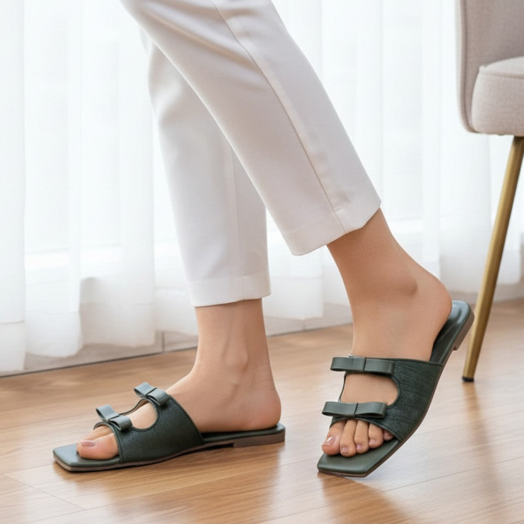 Olive Green Double Bow Flats Slipper 339-7