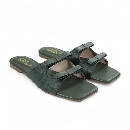 Olive Green Double Bow Flats Slipper 339-7