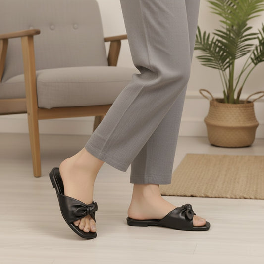 Black Grace Bow Flat Slippers 318-7