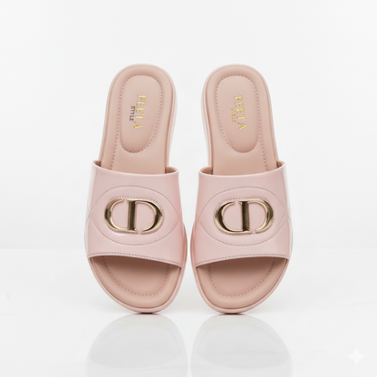 Blush Pink Patent Comfy Slides Elegant Gold Buckle Design 