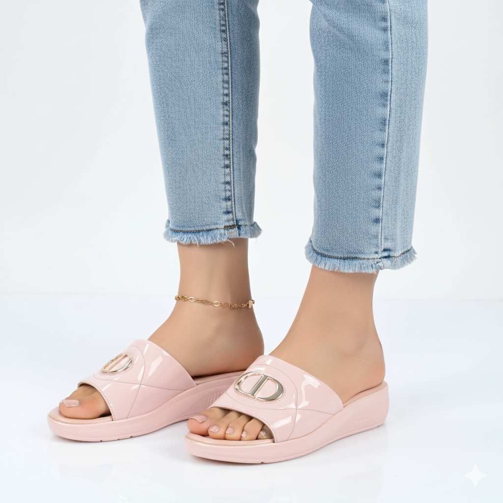 Blush Pink Patent Comfy Slides Elegant Gold Buckle Design 