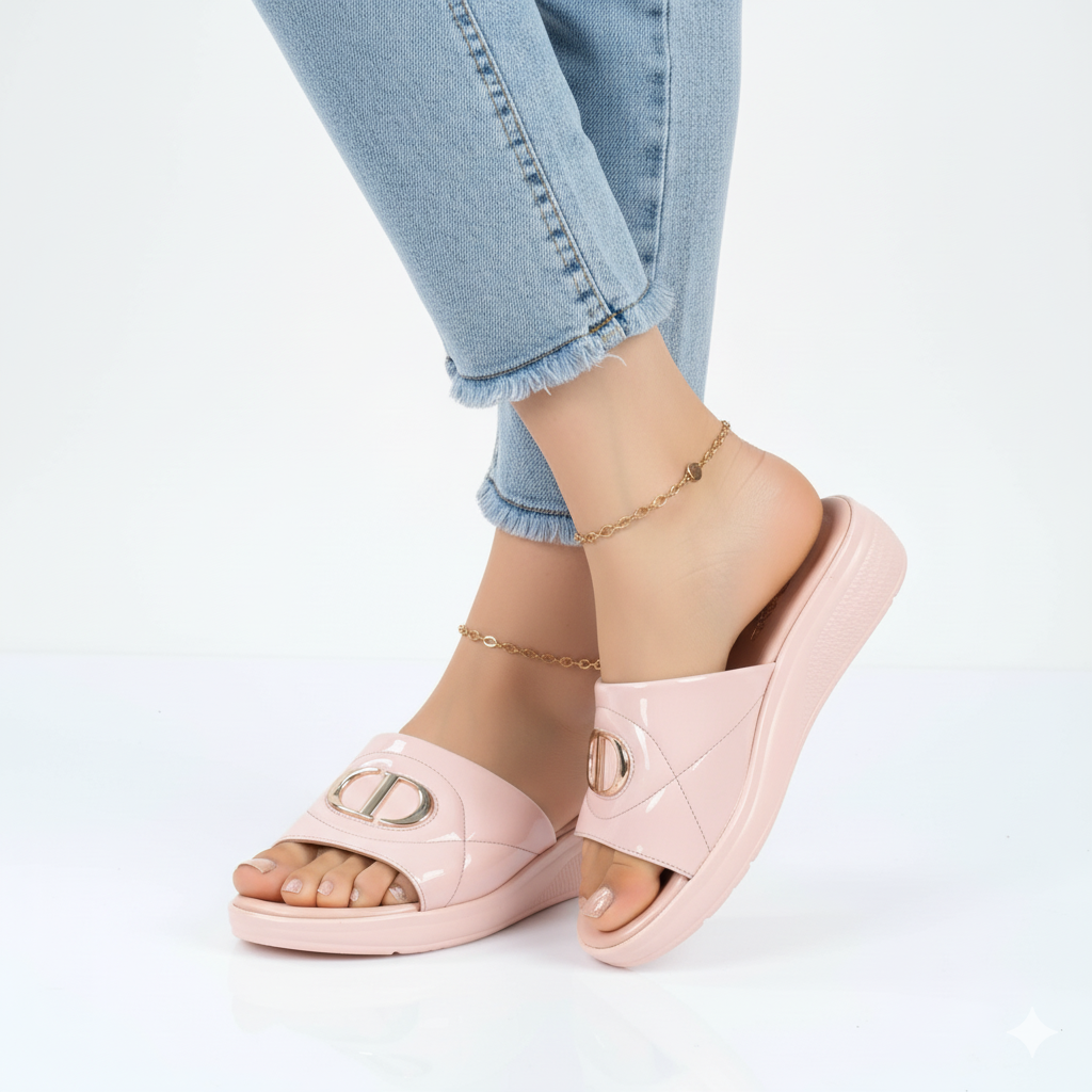 Blush Pink Patent Comfy Slides Elegant Gold Buckle Design 