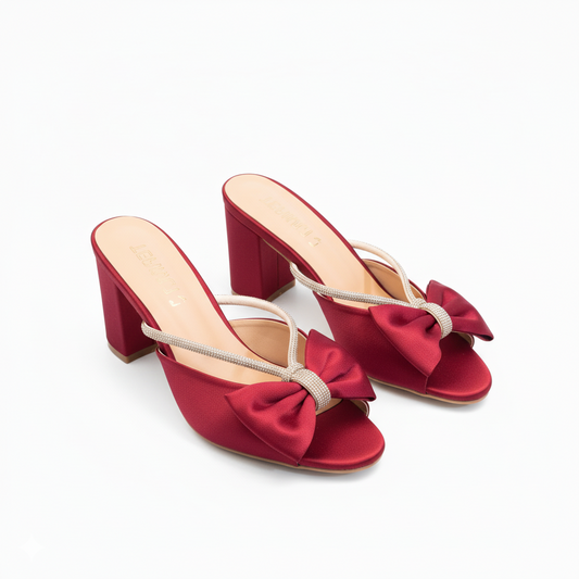 Red Velvet Block Heel Slippers 454-7