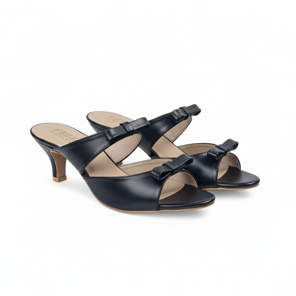 Noir Black Bow Mule Heels 408-7