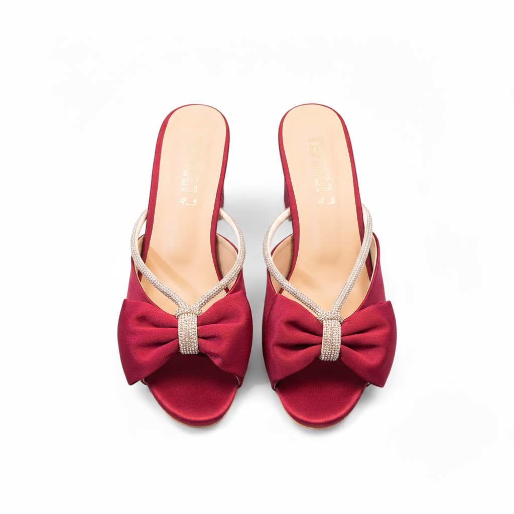 Red Velvet Block Heel Slippers 454-7