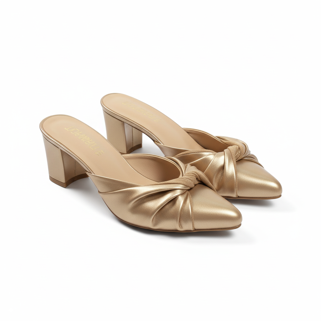 Golden Beige Knotted Block Heels - 447-7