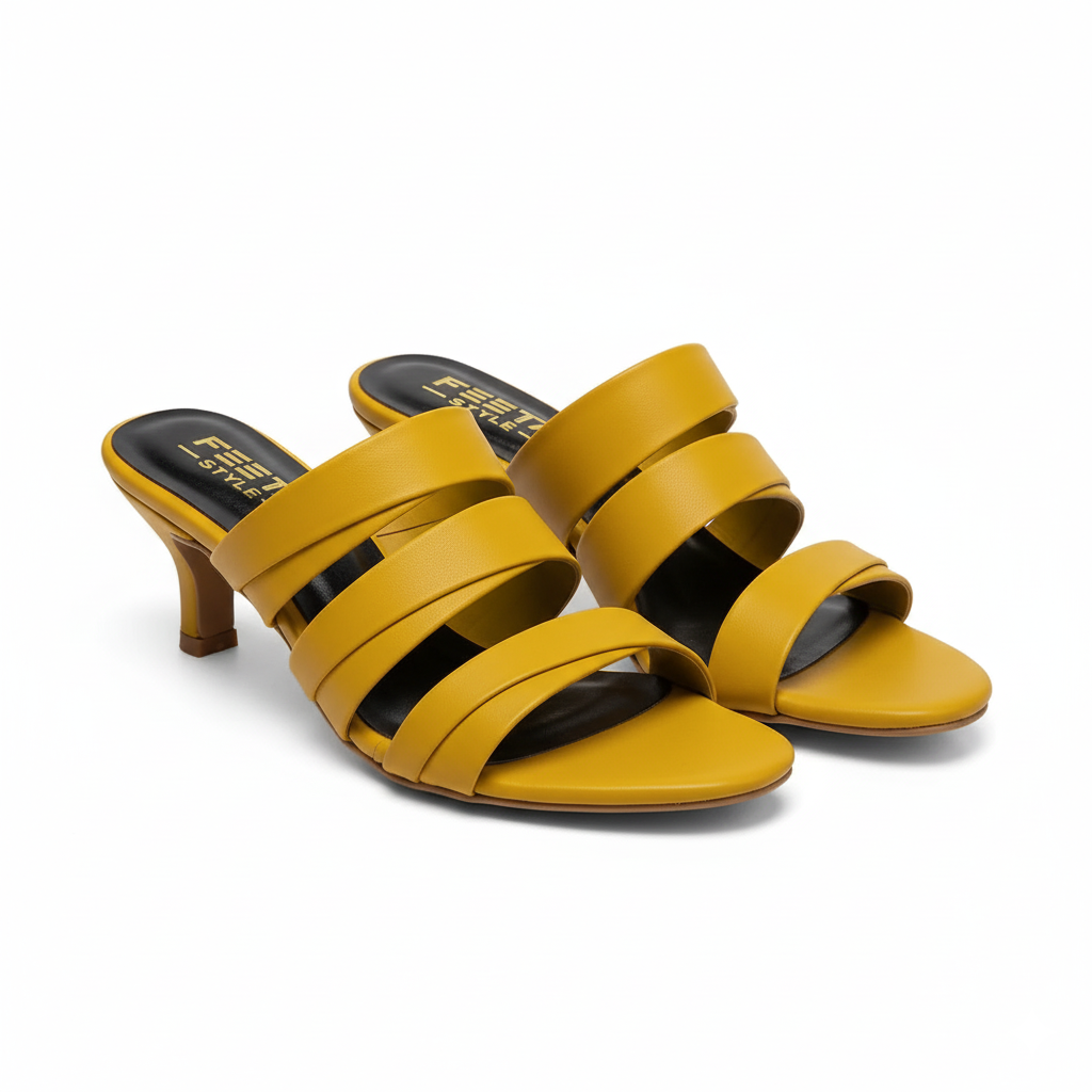 Mustard Triple Strap Luxe Mule Heels 479-7