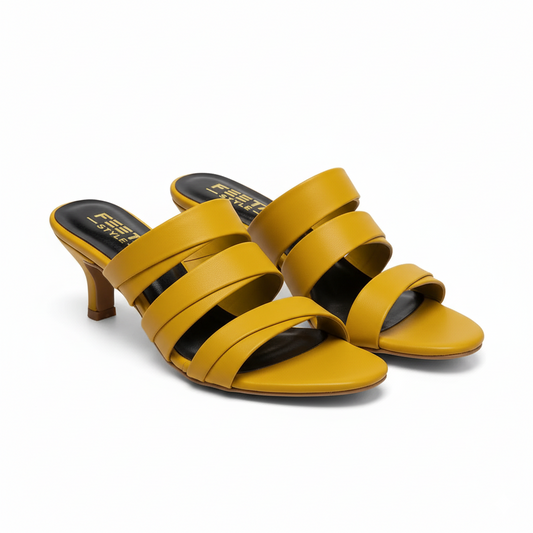 Mustard Triple Strap Luxe Mule Heels 479-7