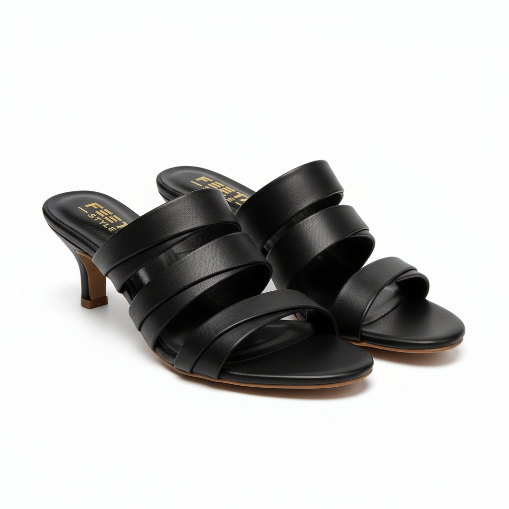 Black Triple Strap Luxe Mule Heels 479-7