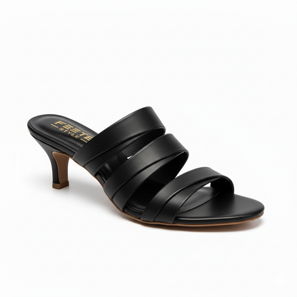 Black Triple Strap Luxe Mule Heels 479-7