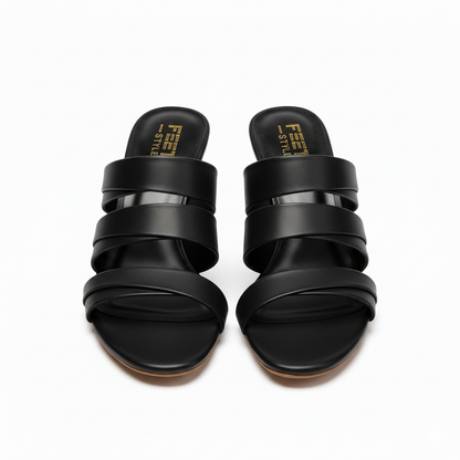 Black Triple Strap Luxe Mule Heels 479-7