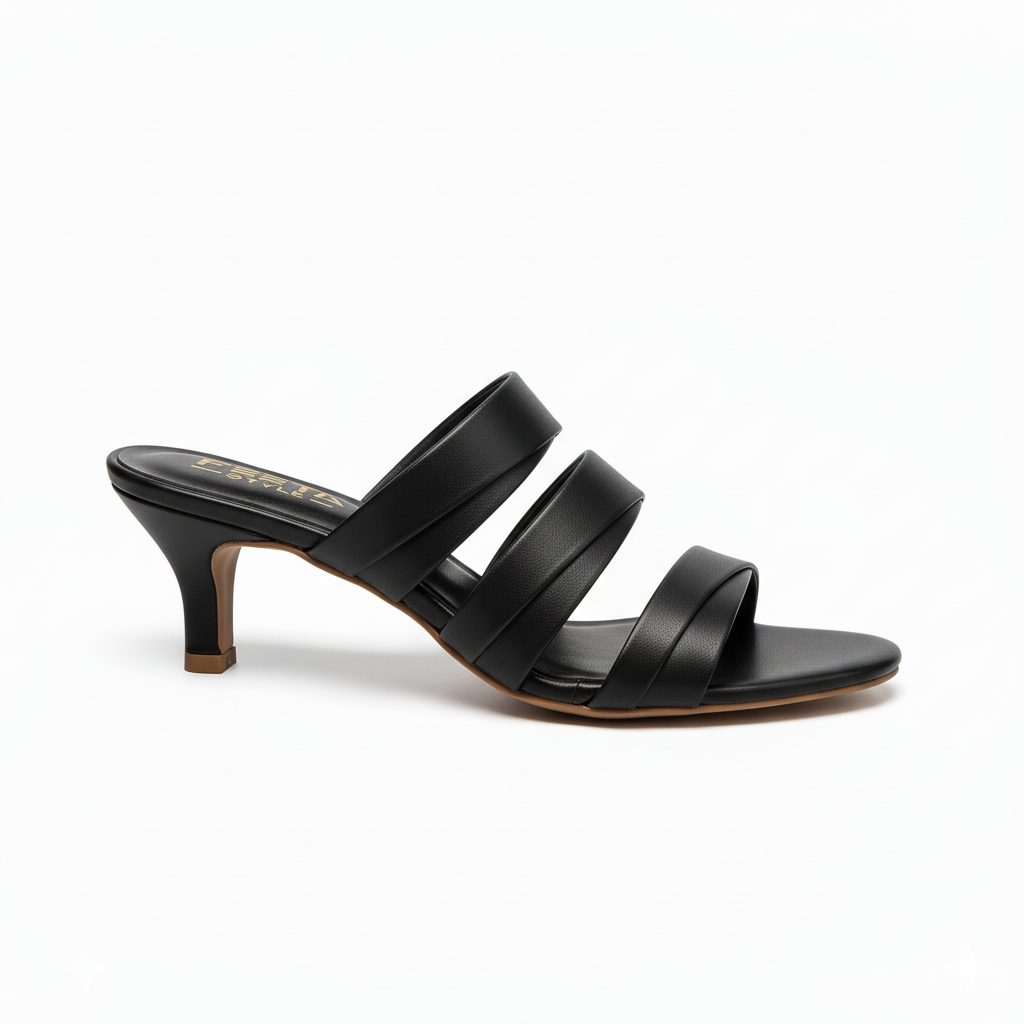 Black Triple Strap Luxe Mule Heels 479-7