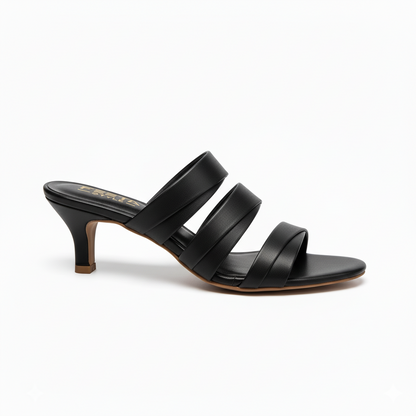 Black Triple Strap Luxe Mule Heels 479-7