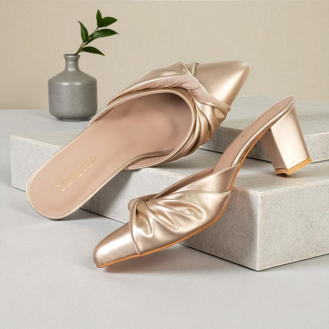 Golden Beige Knotted Block Heels - 447-7
