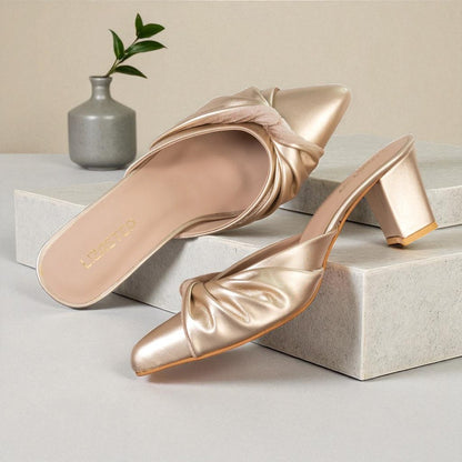 Golden Beige Knotted Block Heels - 447-7