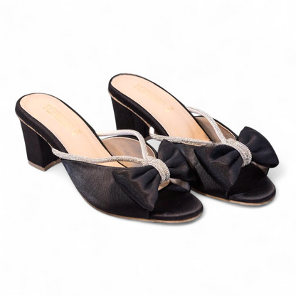 Black Velvet Block Heel Slippers 454-7