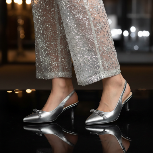 Aura Bow Slingback Heels – Silver