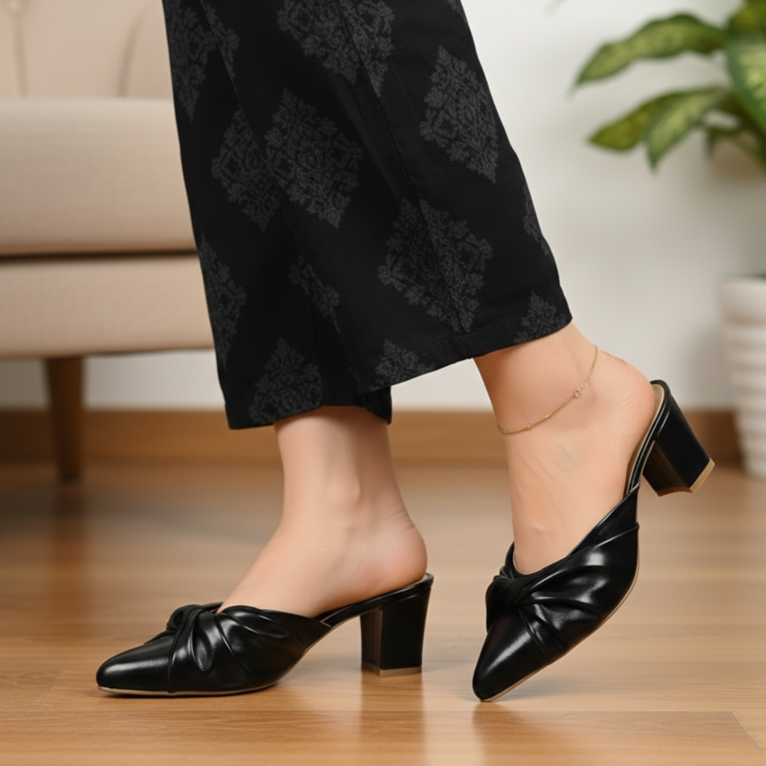 Jet Black Knotted Block Heels – 447-7