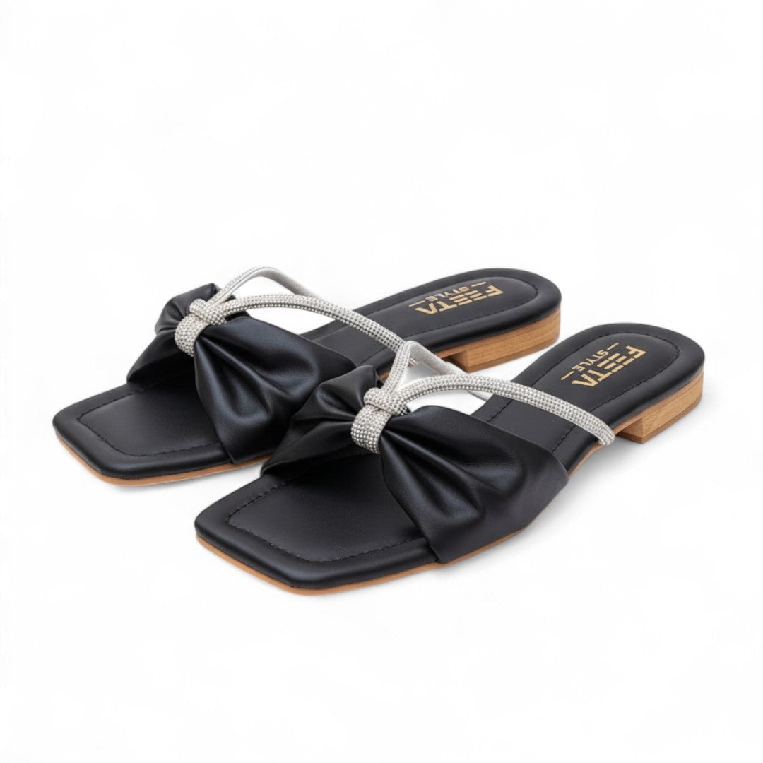 Embellished Bow Slides Black - 319-7
