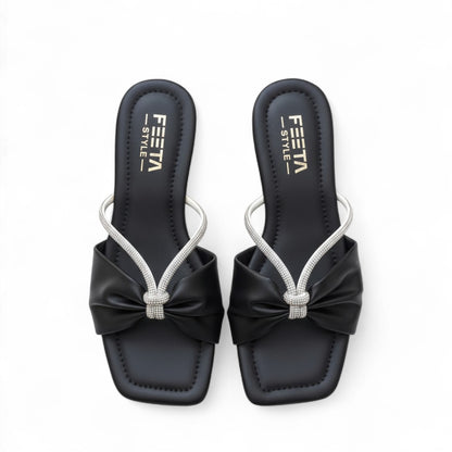 Embellished Bow Slides Black - 319-7