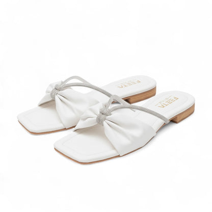 Embellished Bow Slides White - 319-7
