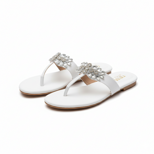 White Radiant Leaf Flat Slippers