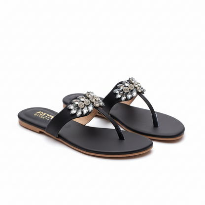Black Radiant Leaf Flat Slippers