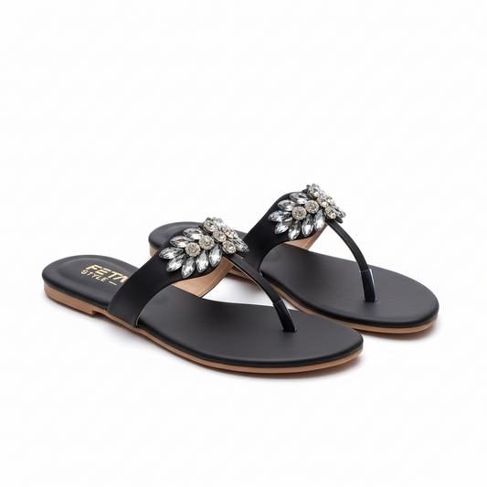 Black Radiant Leaf Flat Slippers