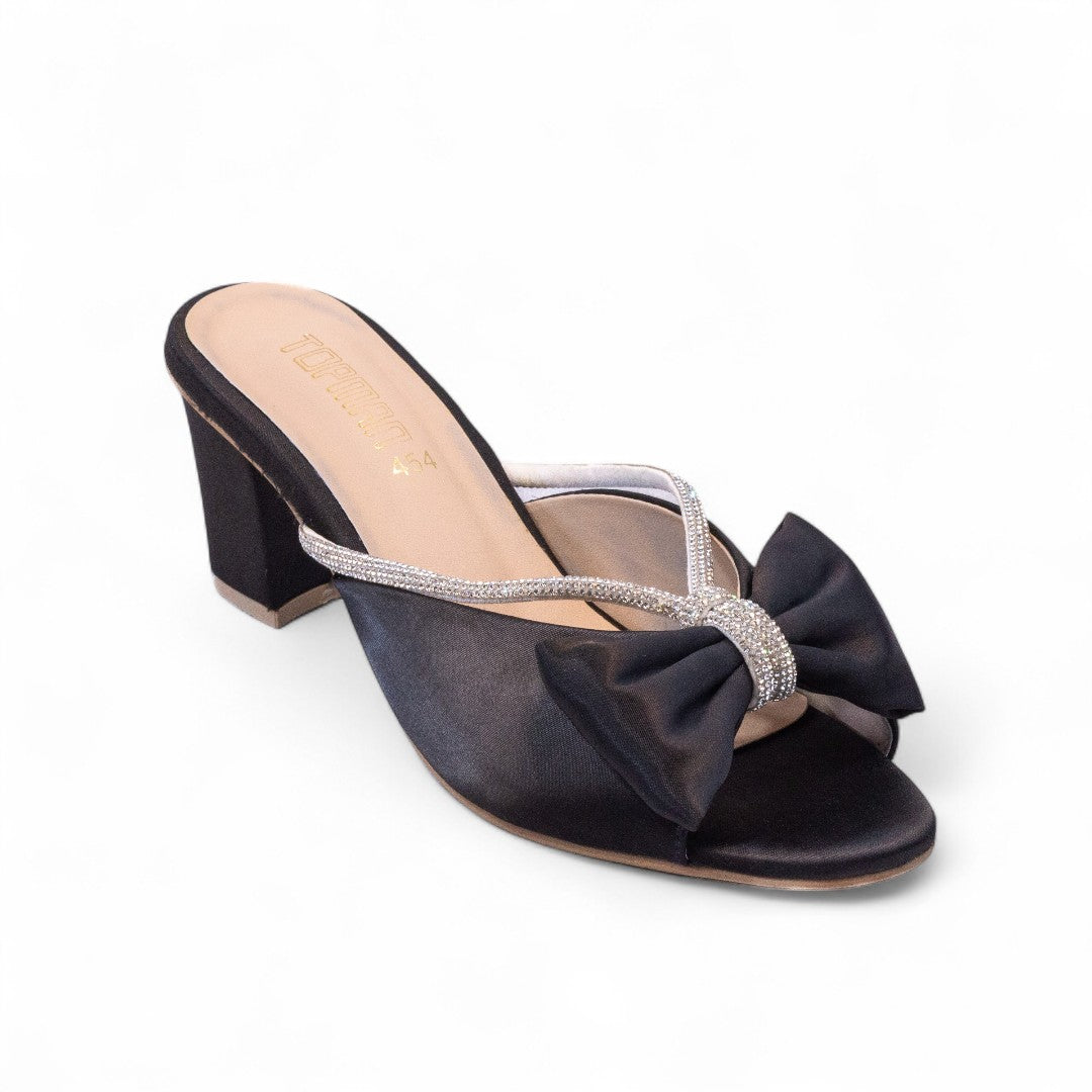 Black Velvet Block Heel Slippers 454-7