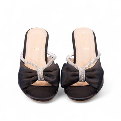 Black Velvet Block Heel Slippers 454-7