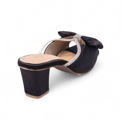 Black Velvet Block Heel Slippers 454-7