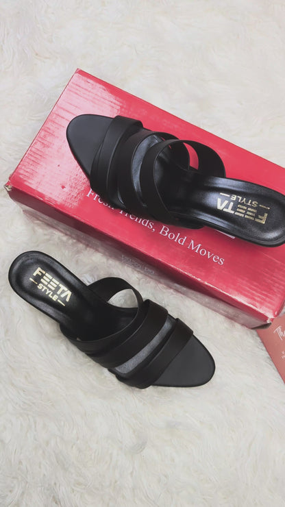 Black Triple Strap Luxe Mule Heels 479-7